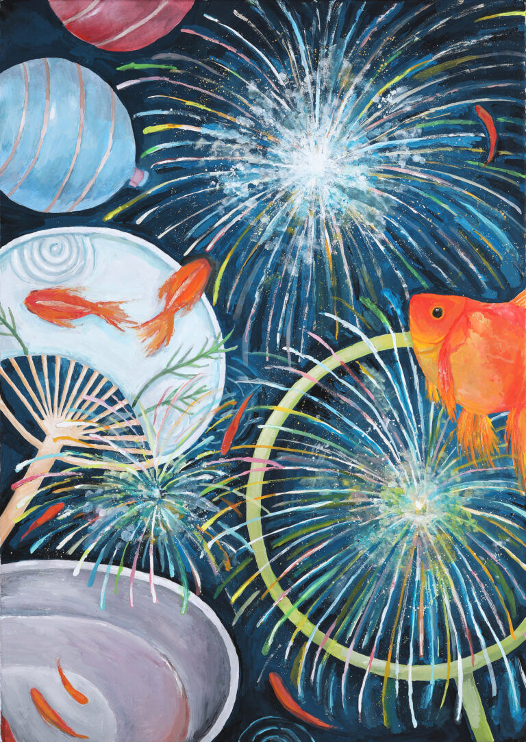 Abstract, celebratory scene: a bright central fireworks burst with colorful streaks against a dark blue background, surrounded by pale circular shapes and orange fish motifs.